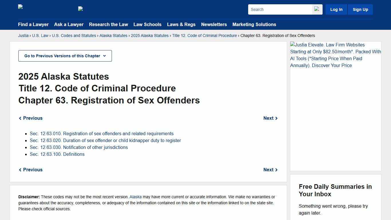 Alaska Registration of Sex Offenders Laws - 2025 Alaska Statutes Title 12, Chapter 63 - Registration of Sex Offenders :: 2025 Alaska Statutes :: U.S. Codes and Statutes :: U.S. Law :: Justia