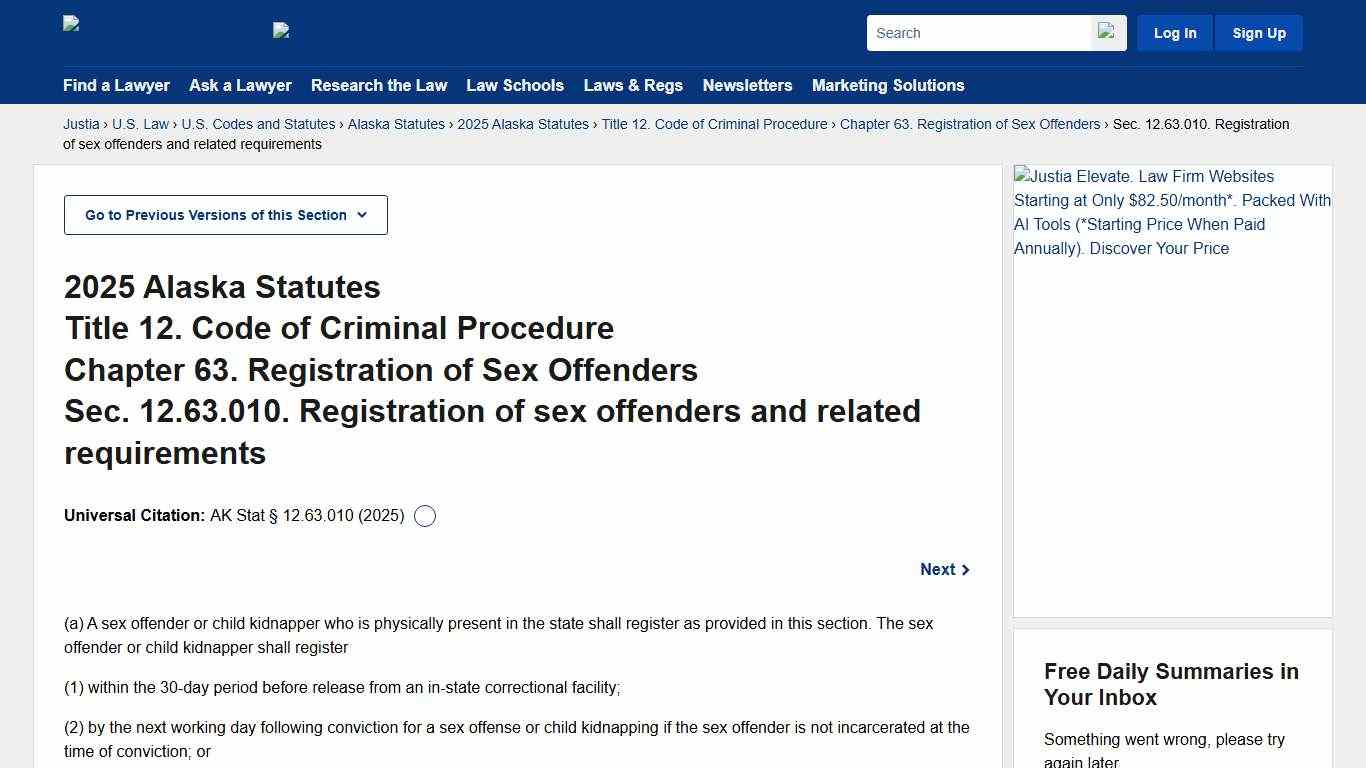 Alaska Statutes § 12.63.010 (2025) - Registration of sex offenders and related requirements :: 2025 Alaska Statutes :: U.S. Codes and Statutes :: U.S. Law :: Justia